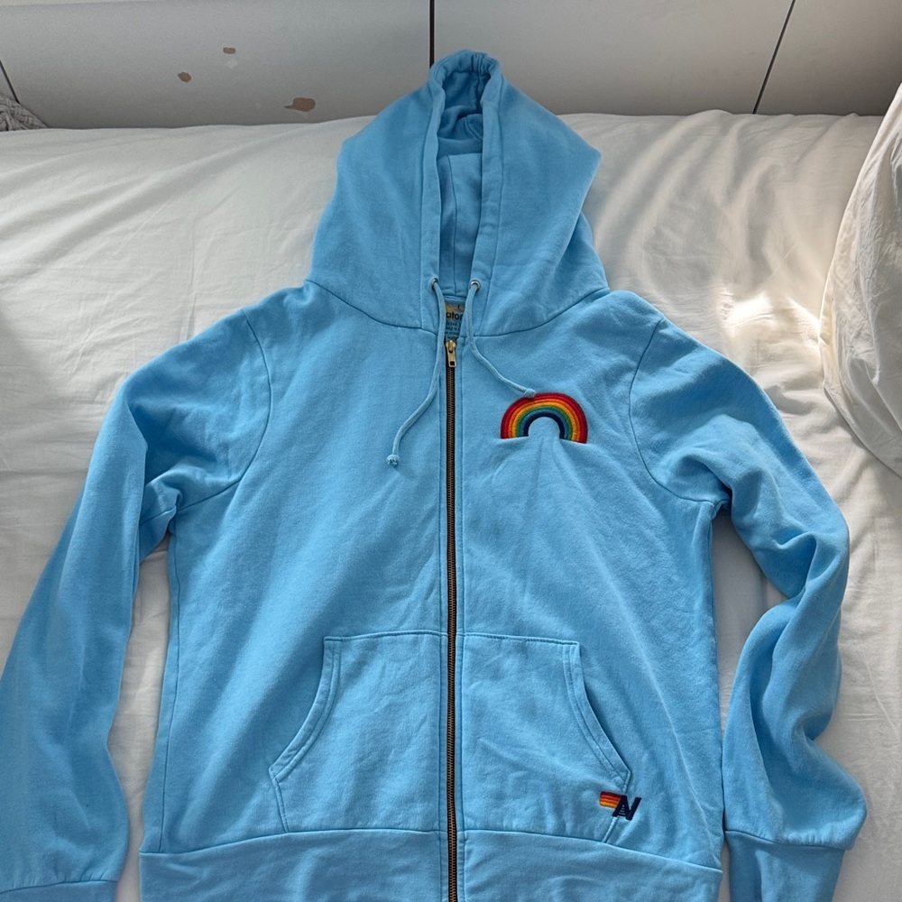 Aviator Nation unisex hoodie size large sky blue color with Rainbow Patch